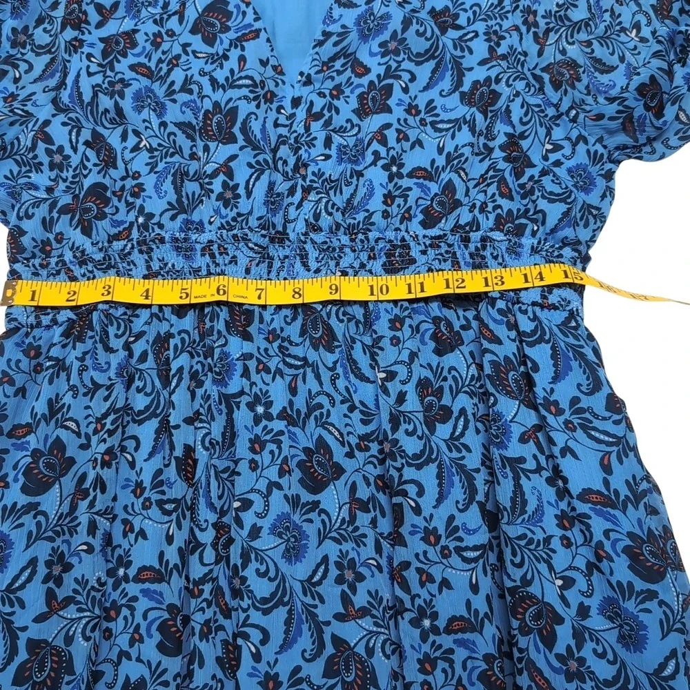 Old Navy Smocked Midi Dress Womens L Blue Floral Sheer Short Sleeve Boho Cottage